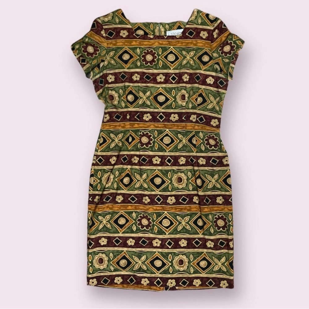 Vintage J. Stevens Floral Tribal Dress Square Neck Multicolor Women’s Size Large